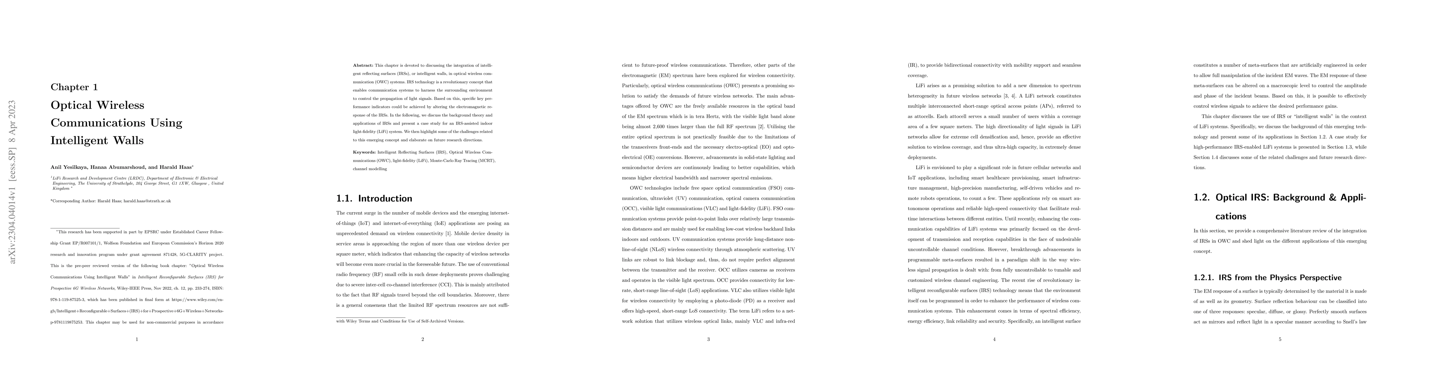 Thumbnail for Optical Wireless Communications Using Intelligent Walls