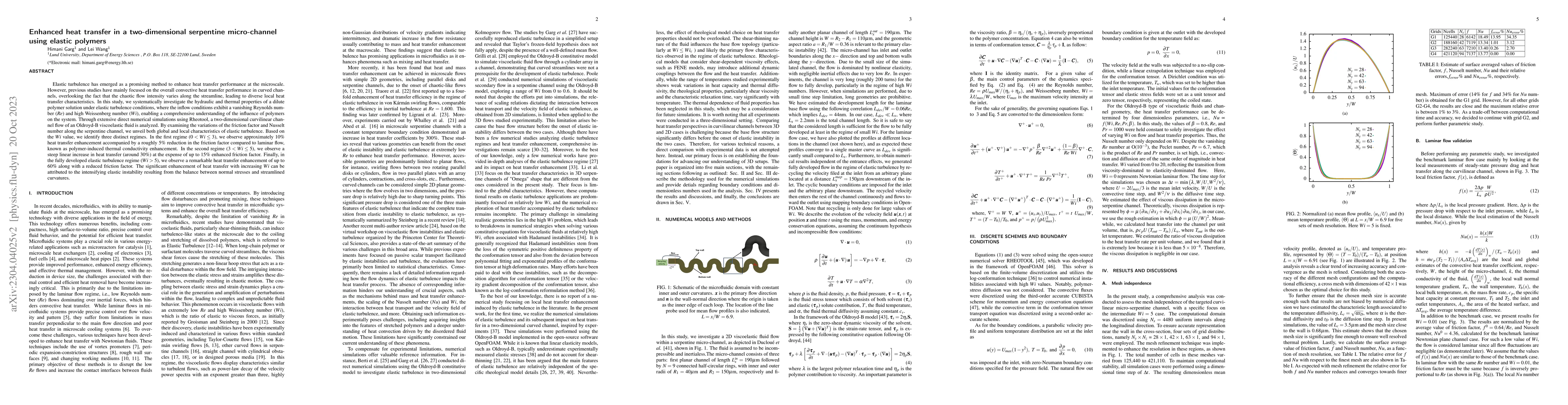 Thumbnail for Enhanced heat transfer in a 2D serpentine micro-channel using elastic
  polymers