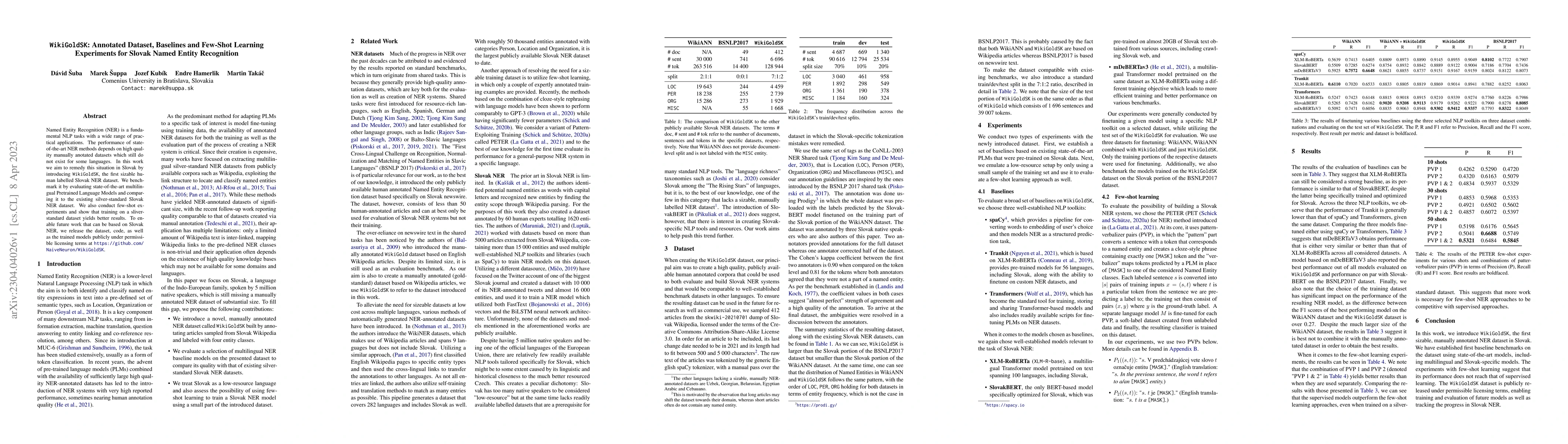 Thumbnail for WikiGoldSK: Annotated Dataset, Baselines and Few-Shot Learning
  Experiments for Slovak Named Entity Recognition