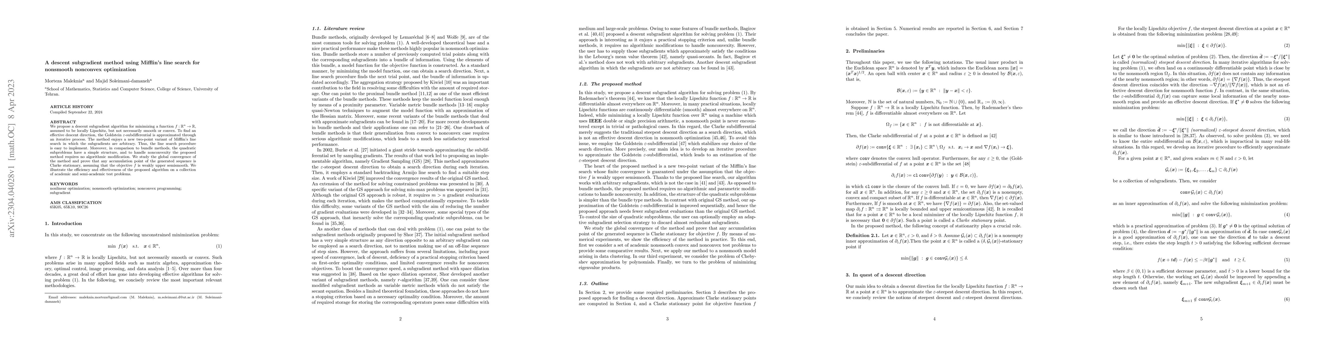 Thumbnail for A descent subgradient method using Mifflin line search for nonsmooth
  nonconvex optimization