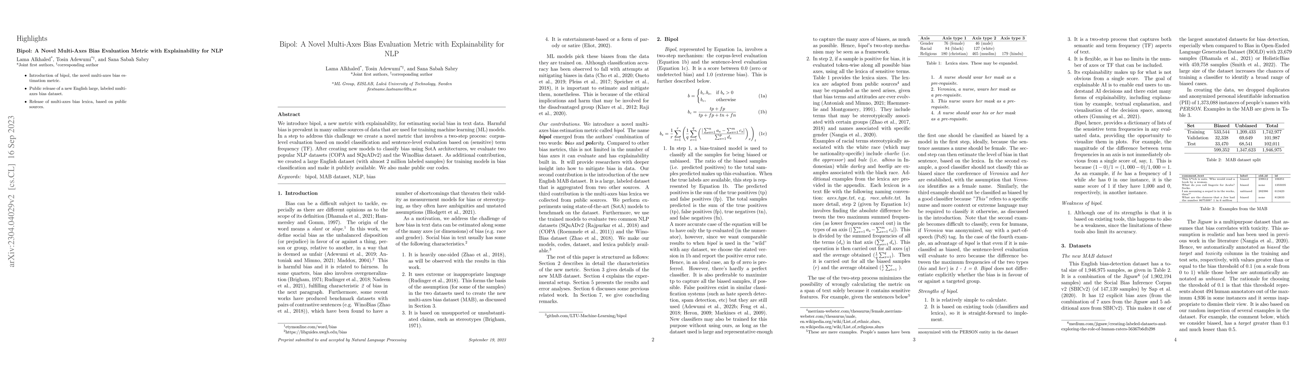 Thumbnail for Bipol: A Novel Multi-Axes Bias Evaluation Metric with Explainability for
  NLP