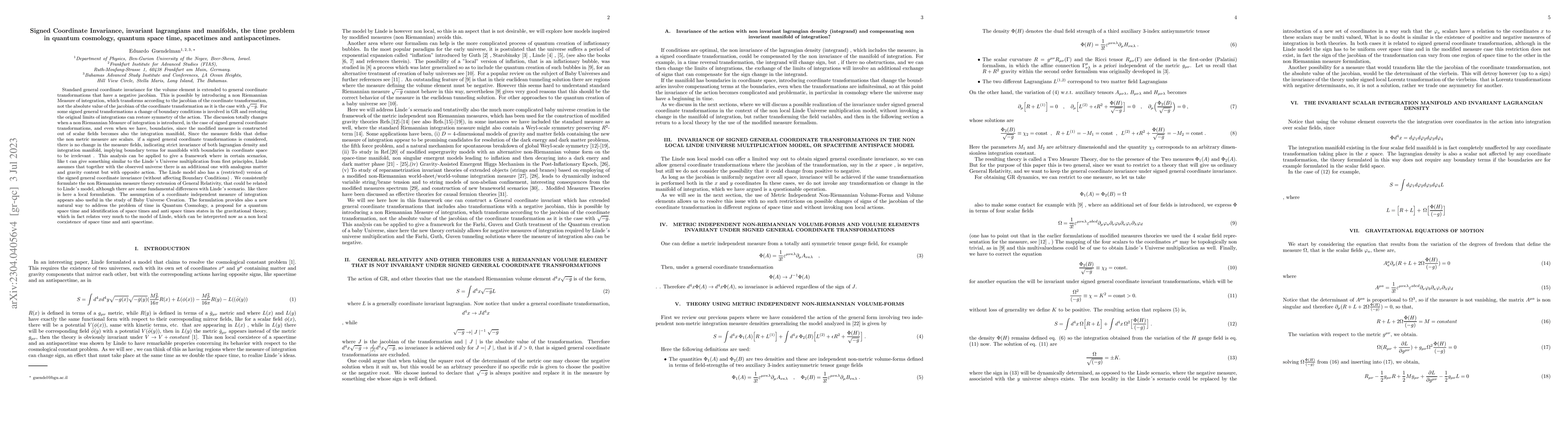 Thumbnail for Signed Coordinate Invariance, invariant lagrangians and manifolds, the
  time problem in quantum cosmology, quantum space time, spacetimes and
  antispacetimes