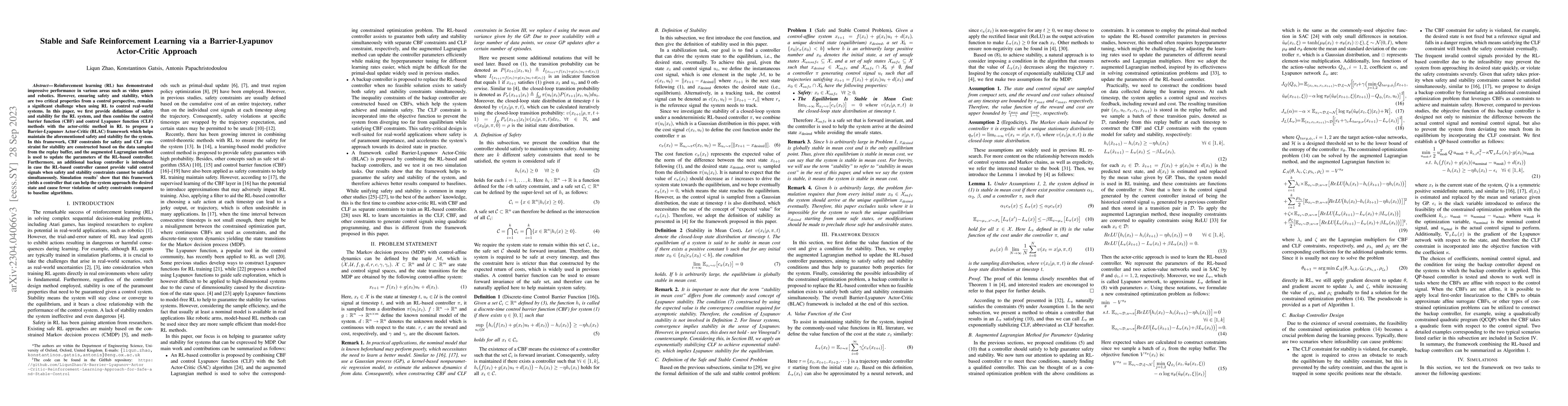 Thumbnail for Stable and Safe Reinforcement Learning via a Barrier-Lyapunov
  Actor-Critic Approach