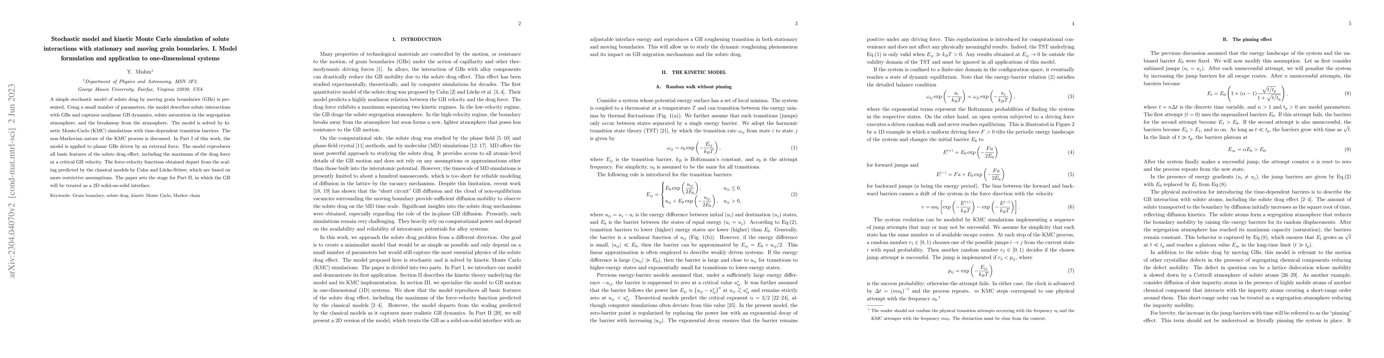 Thumbnail for Stochastic model and kinetic Monte Carlo simulation of solute
  interactions with stationary and moving grain boundaries. I. Model
  formulation and application to one-dimensional systems