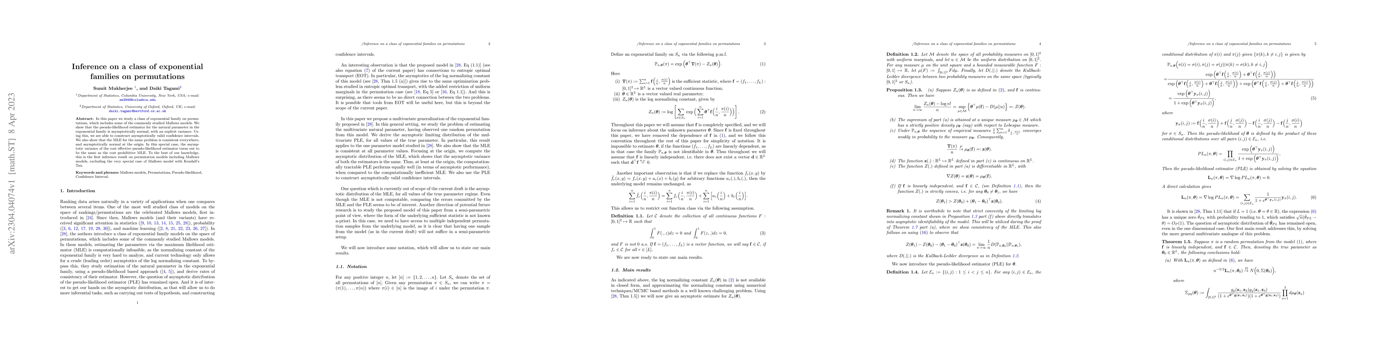 Thumbnail for Inference on a class of exponential families on permutations