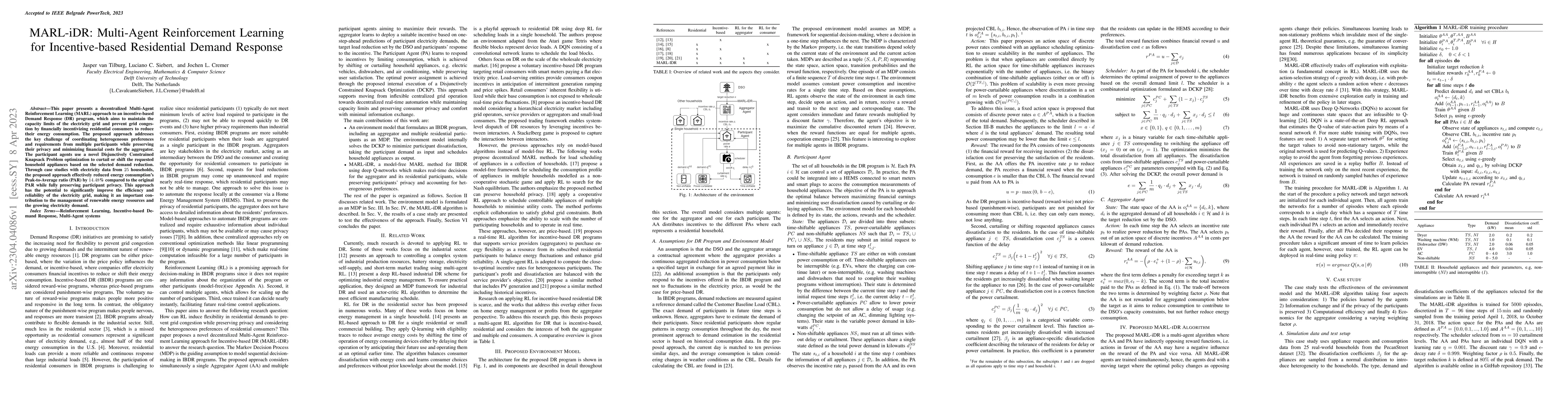 Thumbnail for MARL-iDR: Multi-Agent Reinforcement Learning for Incentive-based
  Residential Demand Response