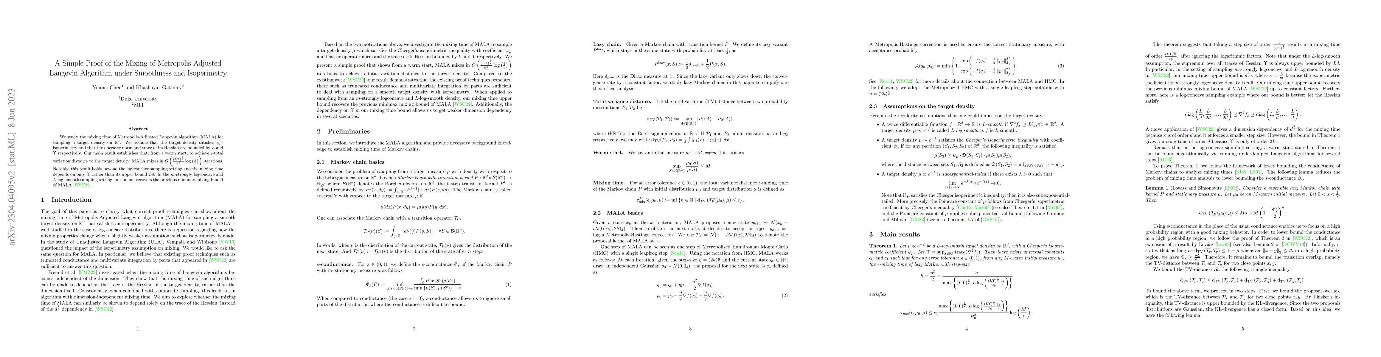 Thumbnail for A Simple Proof of the Mixing of Metropolis-Adjusted Langevin Algorithm
  under Smoothness and Isoperimetry