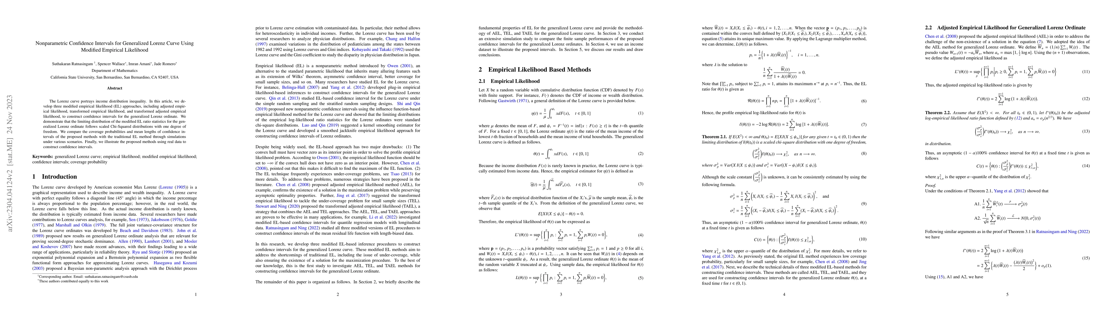 Thumbnail for Nonparametric Confidence Intervals for Generalized Lorenz Curve using
  Modified Empirical Likelihood