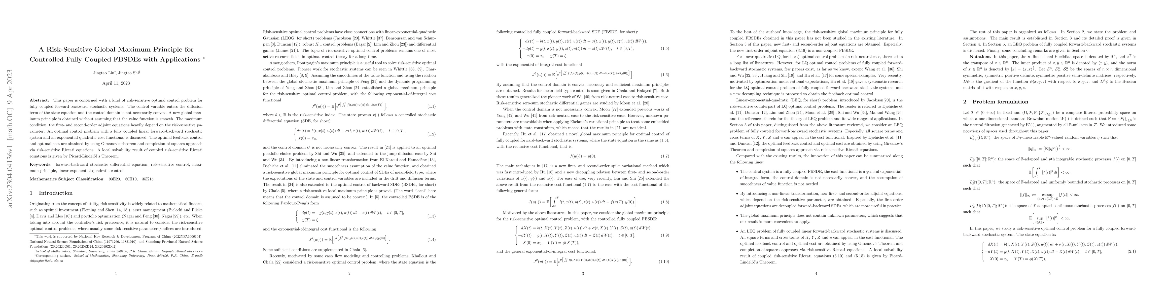 Thumbnail for A Risk-Sensitive Global Maximum Principle for Controlled Fully Coupled
  FBSDEs with Applications