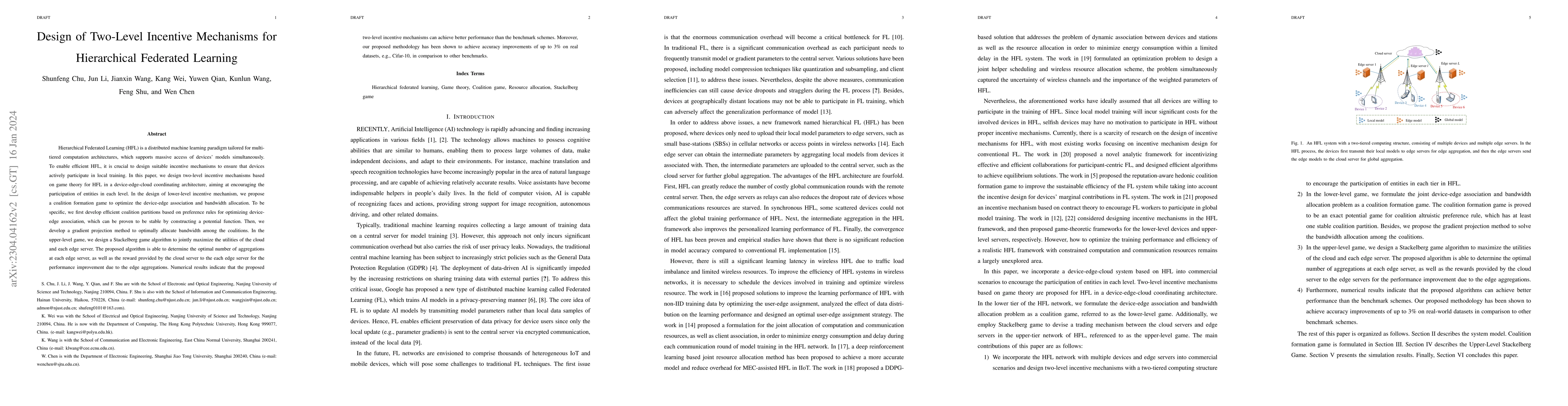 Thumbnail for Design of Two-Level Incentive Mechanisms for Hierarchical Federated
  Learning