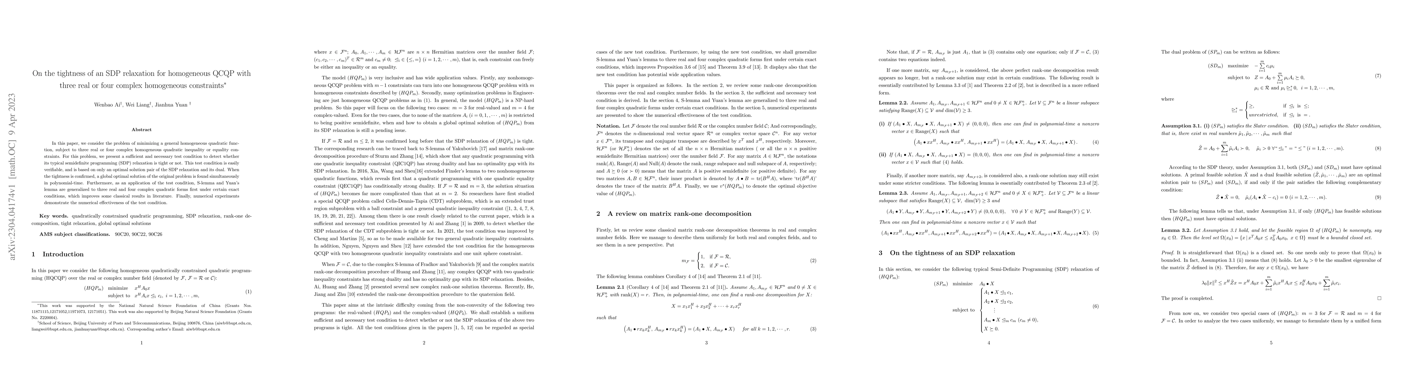 Thumbnail for On the tightness of an SDP relaxation for homogeneous QCQP with three
  real or four complex homogeneous constraints