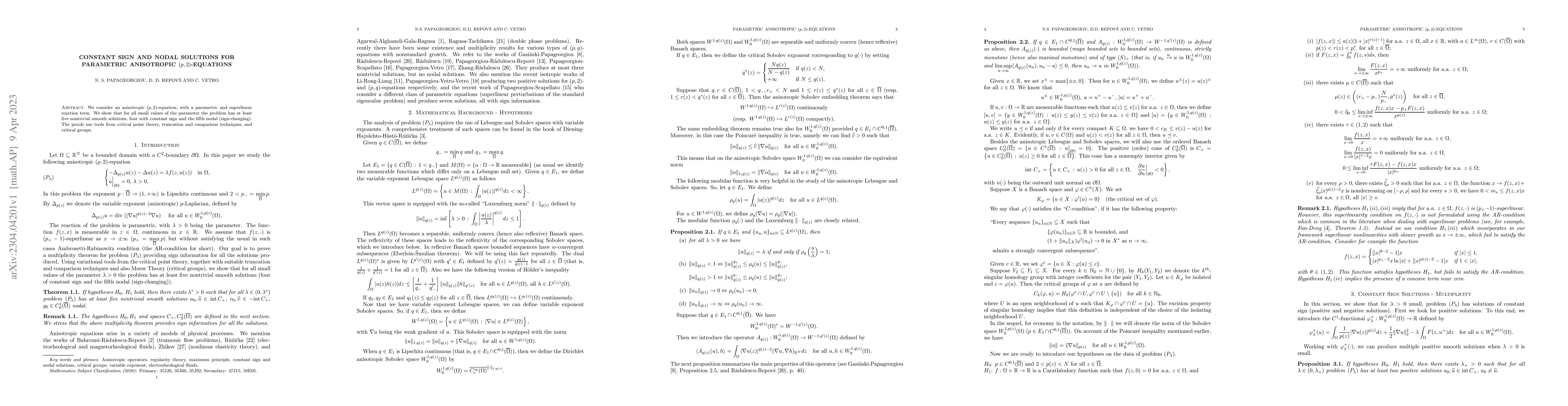 Thumbnail for Constant sign and nodal solutions for parametric anisotropic
  $(p,2)$-equations