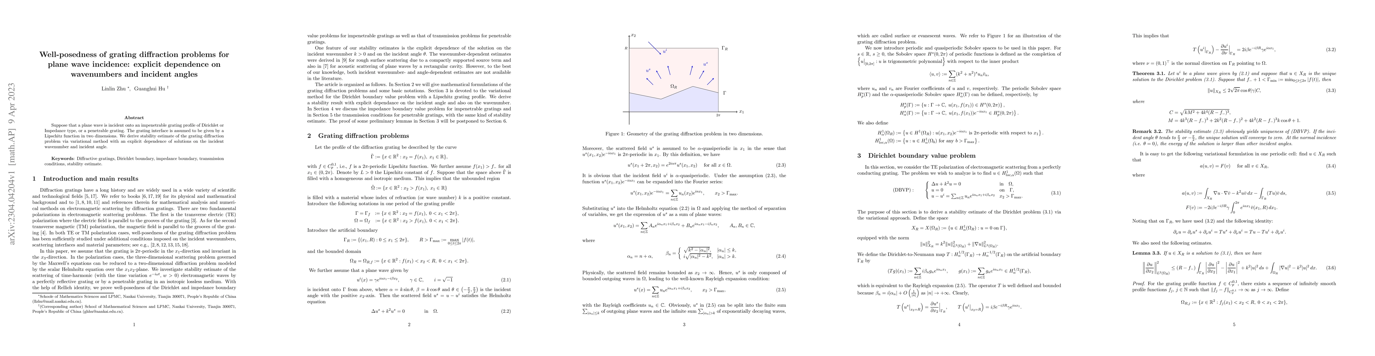 Thumbnail for Well-posedness of grating diffraction problems for plane wave incidence:
  explicit dependence on wavenumbers and incident angles