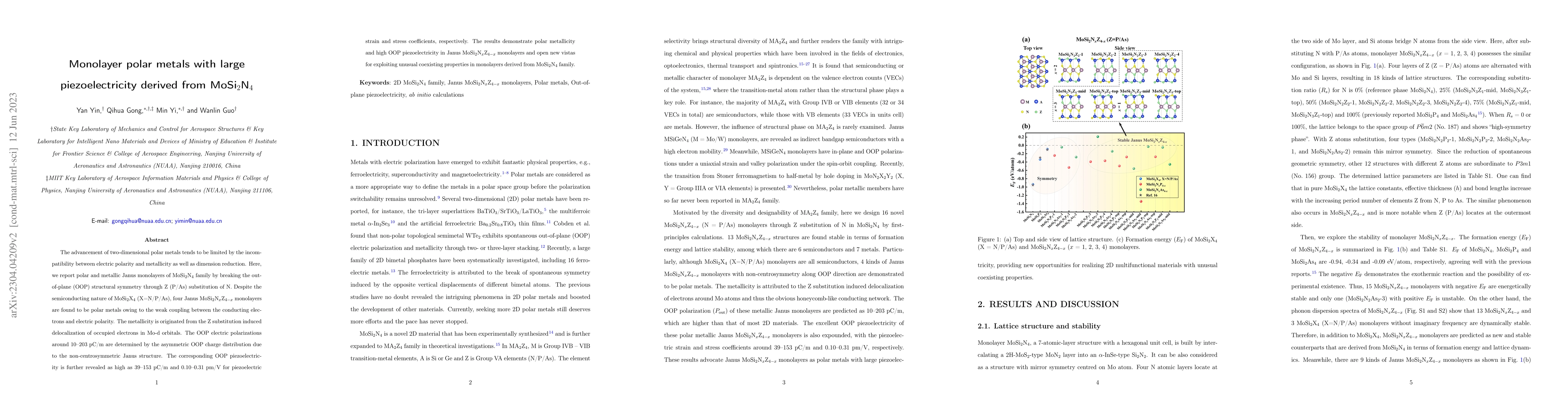 Thumbnail for Monolayer polar metals with large piezoelectricity derived from
  MoSi$_2$N$_4$