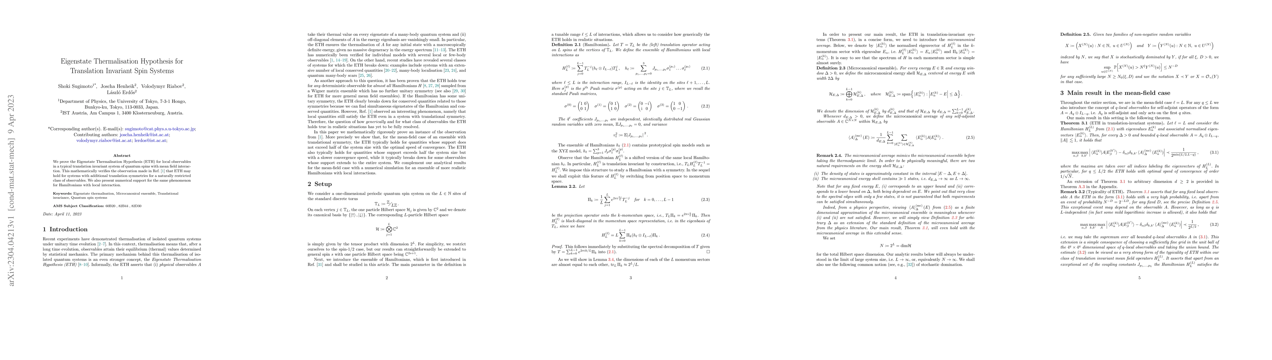 Thumbnail for Eigenstate Thermalisation Hypothesis for Translation Invariant Spin
  Systems
