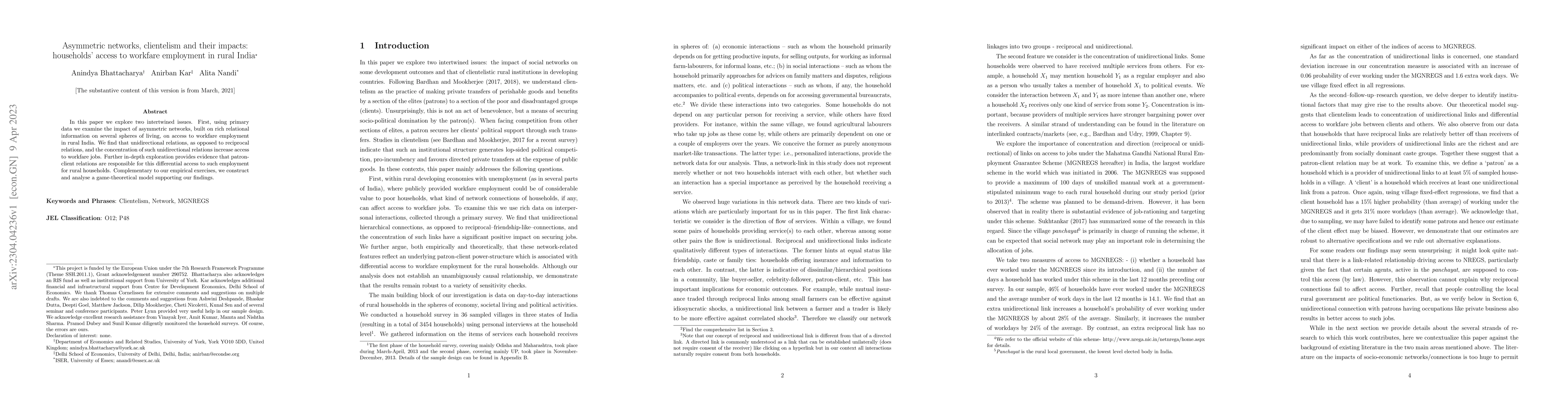 Thumbnail for Asymmetric networks, clientelism and their impacts: households' access
  to workfare employment in rural India