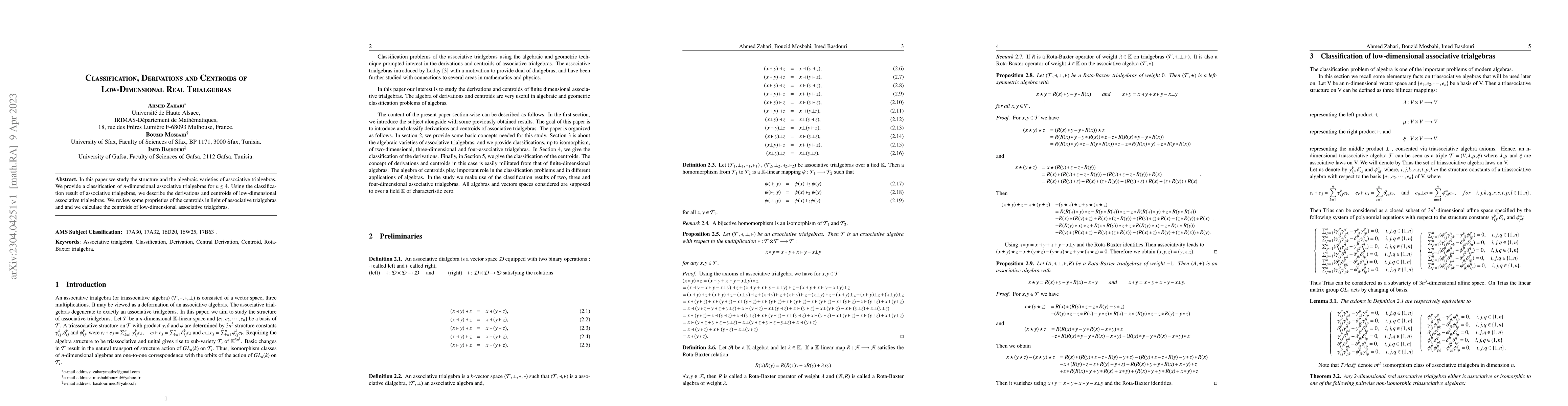 Thumbnail for Classification, Derivations and Centroids of Low-Dimensional Real
  Trialgebras