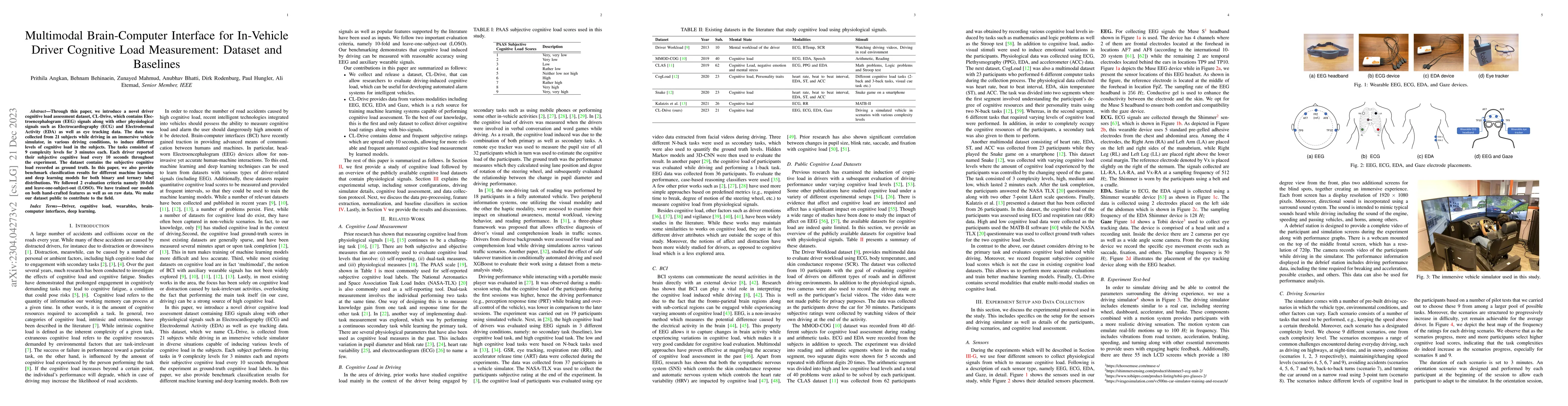 Thumbnail for Multimodal Brain-Computer Interface for In-Vehicle Driver Cognitive Load
  Measurement: Dataset and Baselines