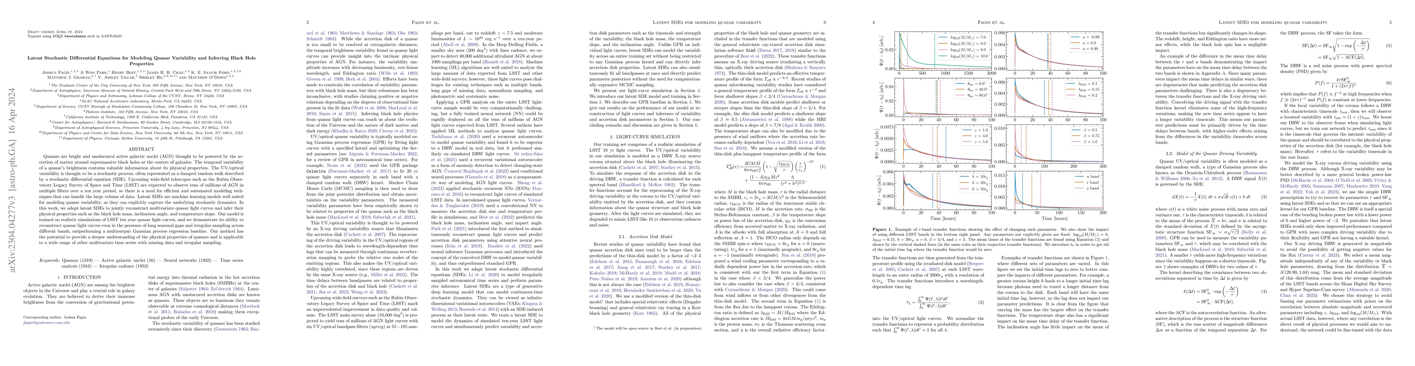 Thumbnail for Latent Stochastic Differential Equations for Modeling Quasar Variability
  and Inferring Black Hole Properties