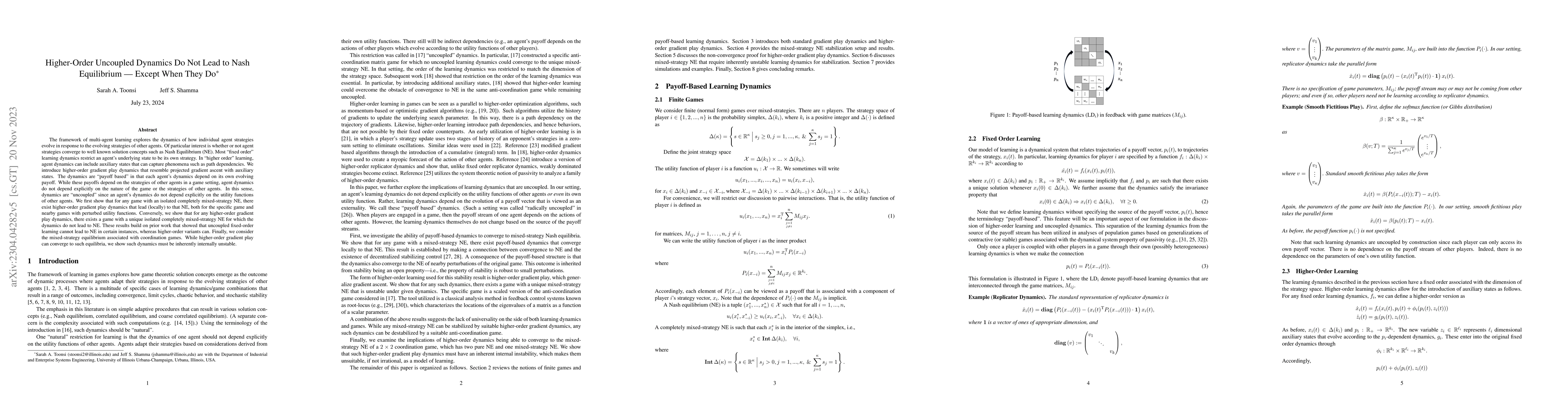 Thumbnail for Higher-Order Uncoupled Dynamics Do Not Lead to Nash Equilibrium --
  Except When They Do