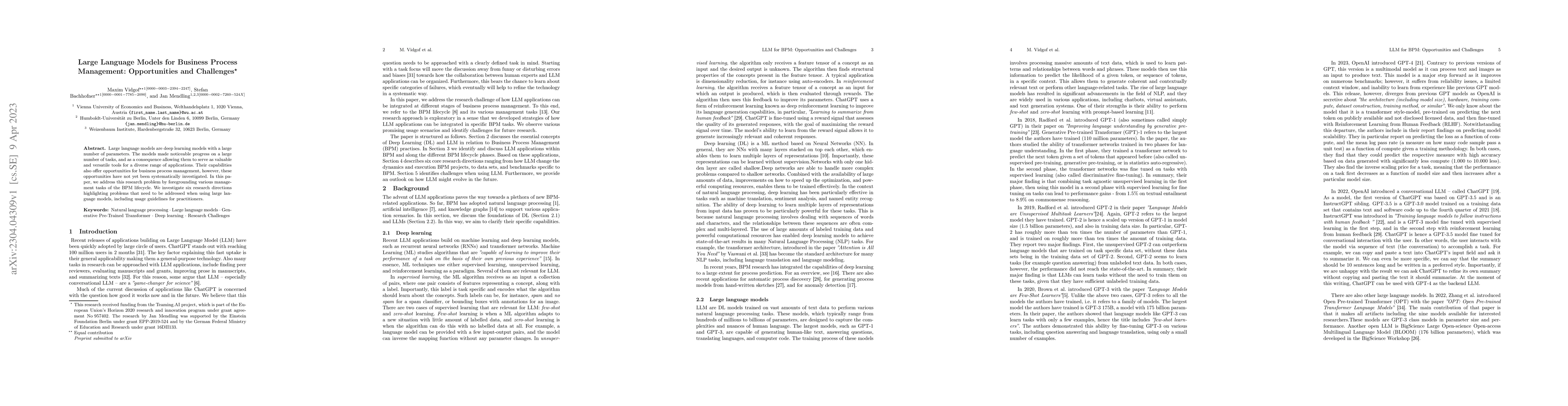 Thumbnail for Large Language Models for Business Process Management: Opportunities and
  Challenges