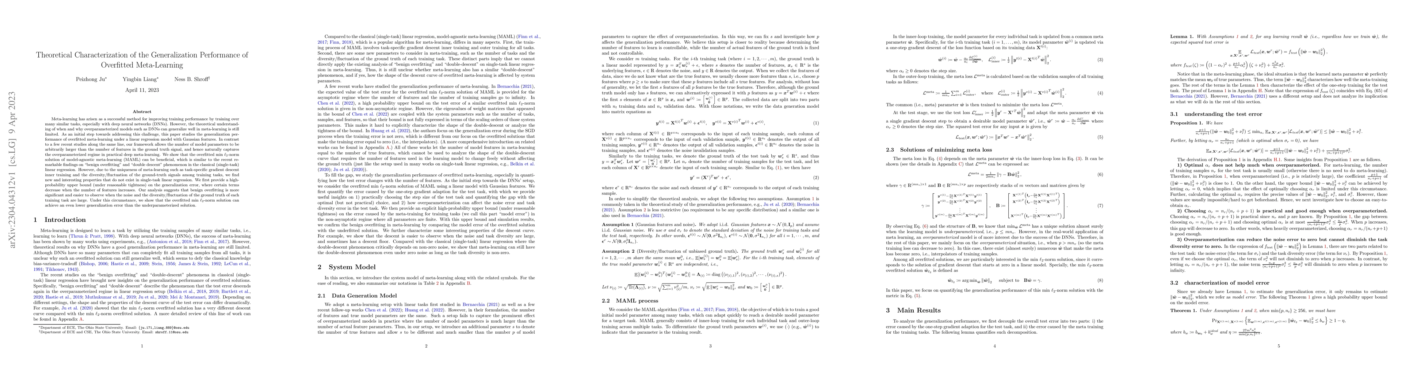 Thumbnail for Theoretical Characterization of the Generalization Performance of
  Overfitted Meta-Learning