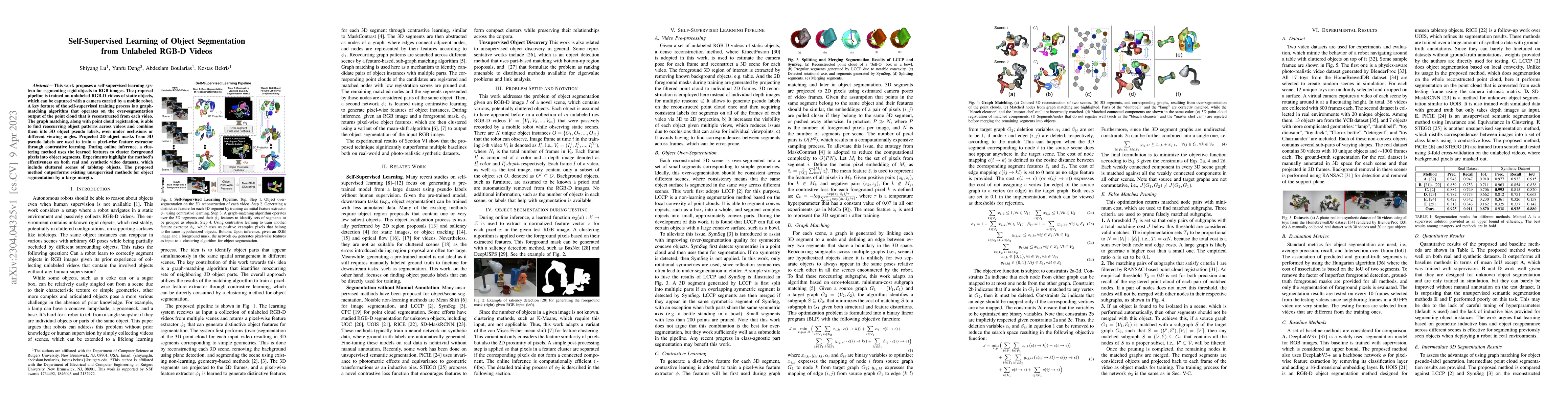 Thumbnail for Self-Supervised Learning of Object Segmentation from Unlabeled RGB-D
  Videos