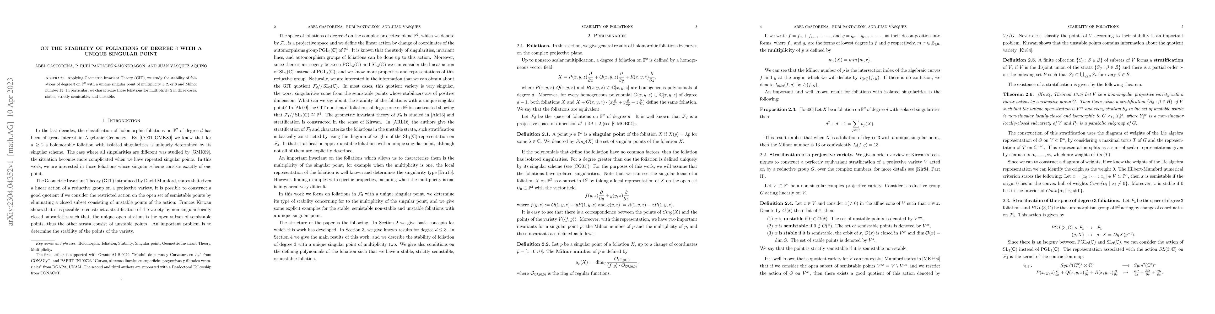 Thumbnail for On the stability of foliations of degree 3 with a unique singular point
