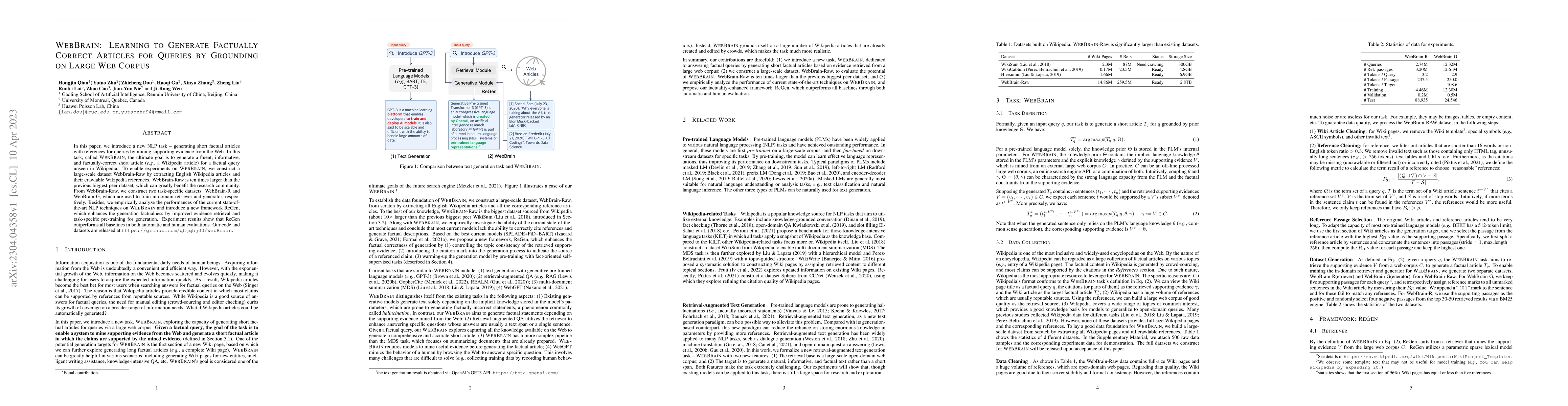 Thumbnail for WebBrain: Learning to Generate Factually Correct Articles for Queries by
  Grounding on Large Web Corpus