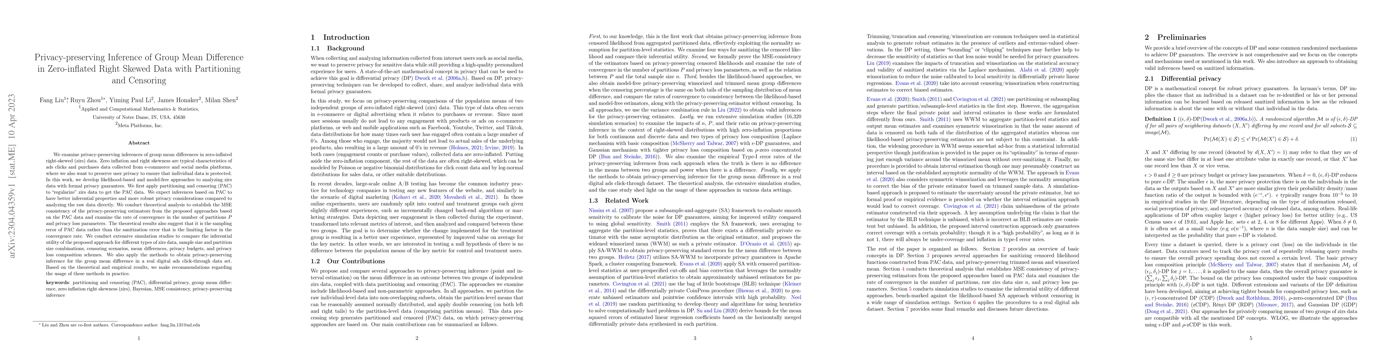Thumbnail for Privacy-preserving Inference of Group Mean Difference in Zero-inflated
  Right Skewed Data with Partitioning and Censoring
