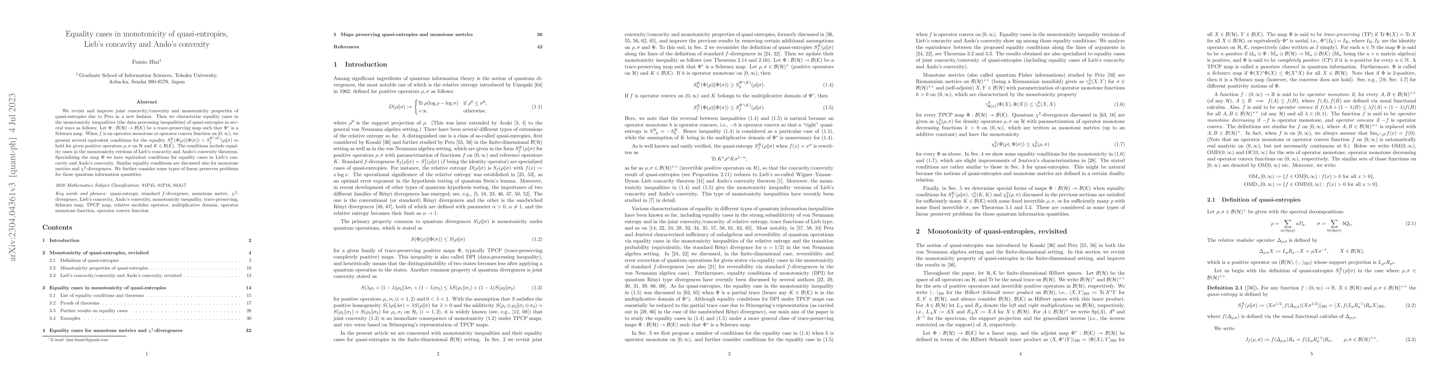 Thumbnail for Equality cases in monotonicity of quasi-entropies, Lieb's concavity and
  Ando's convexity