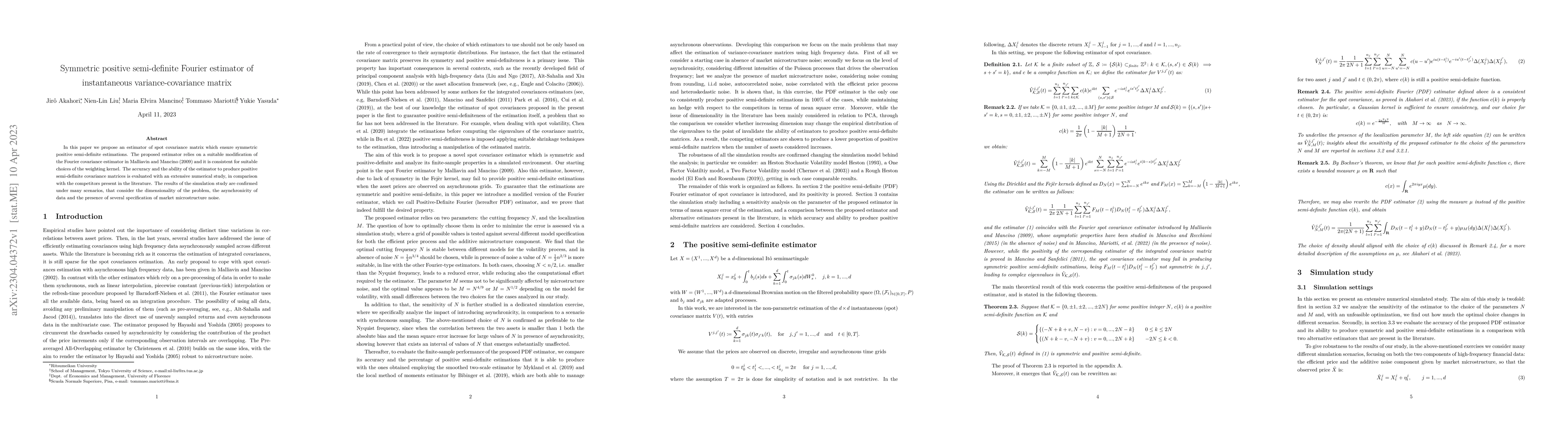 Thumbnail for Symmetric positive semi-definite Fourier estimator of instantaneous
  variance-covariance matrix