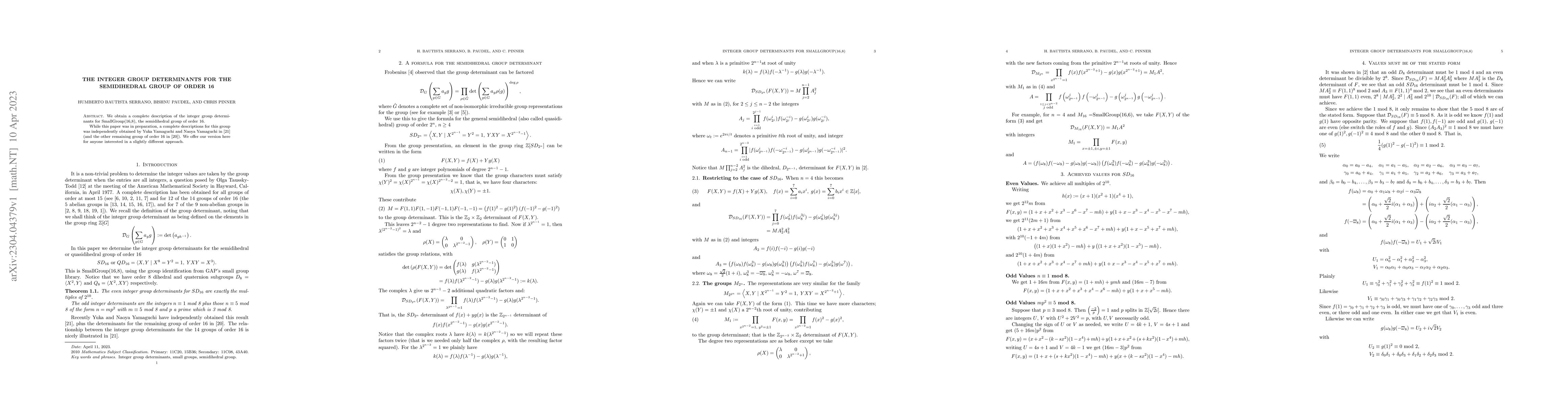 Thumbnail for The integer group determinants for the semidihedral group of order 16