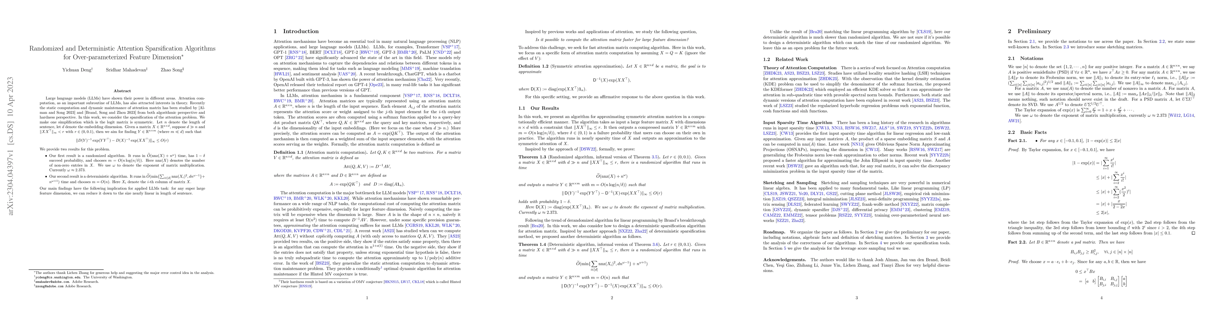 Thumbnail for Randomized and Deterministic Attention Sparsification Algorithms for
  Over-parameterized Feature Dimension