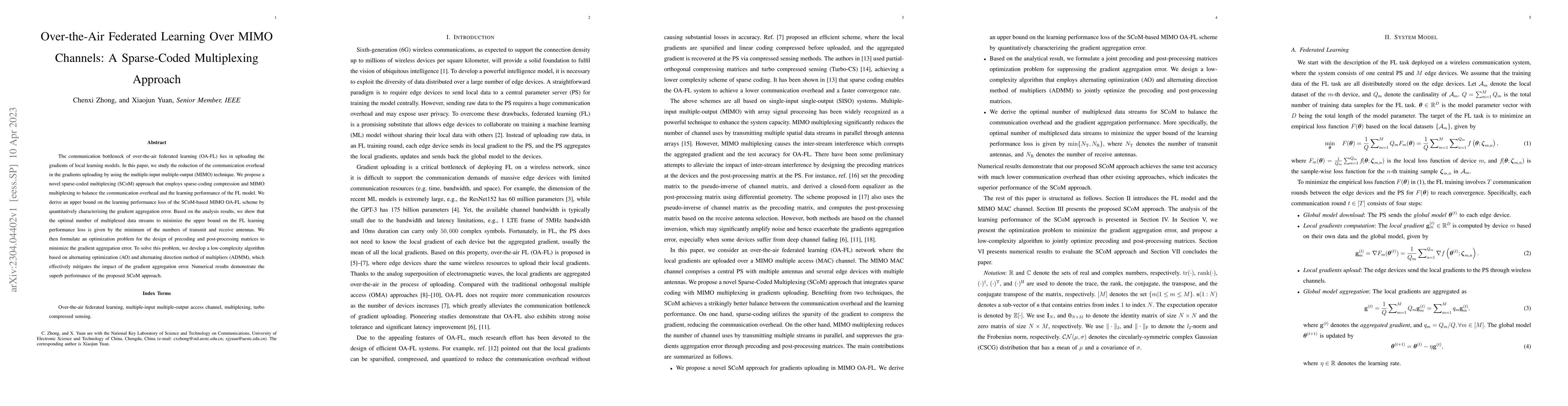Thumbnail for Over-the-Air Federated Learning Over MIMO Channels: A Sparse-Coded
  Multiplexing Approach