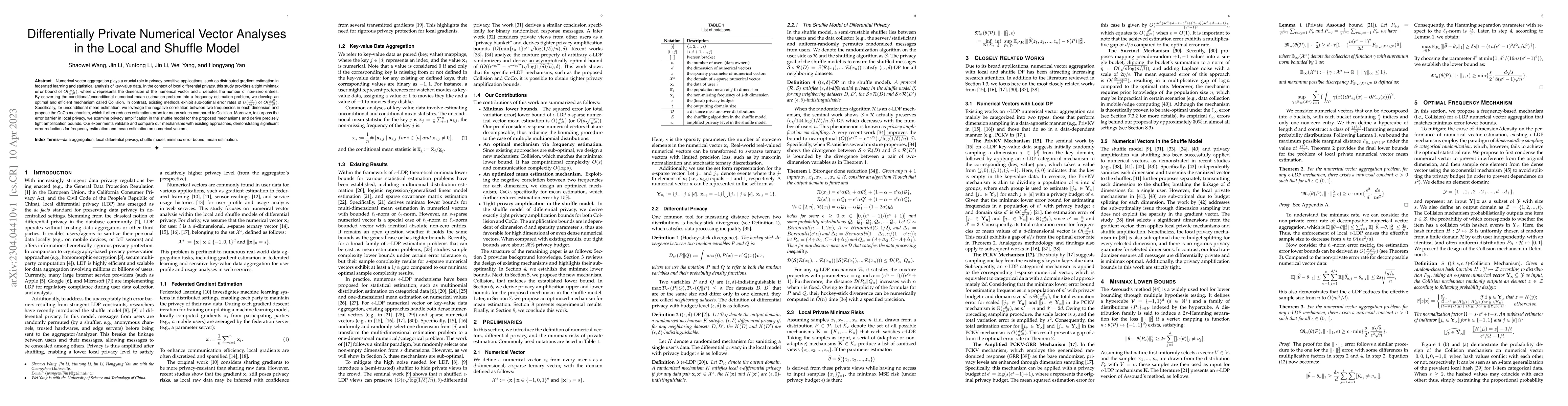 Thumbnail for Differentially Private Numerical Vector Analyses in the Local and
  Shuffle Model