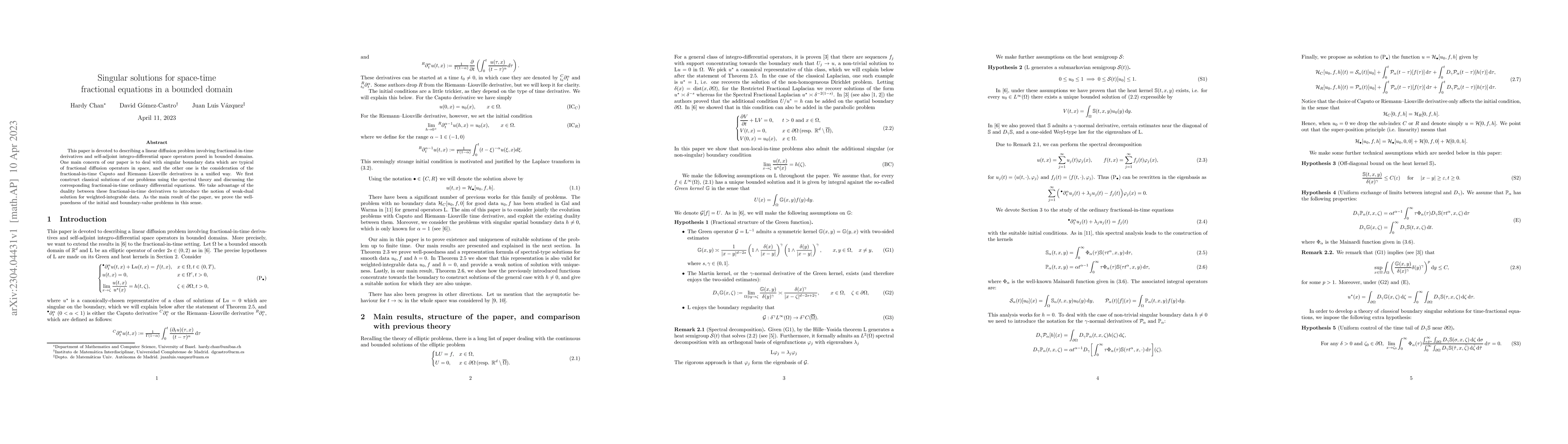 Thumbnail for Singular solutions for space-time fractional equations in a bounded
  domain