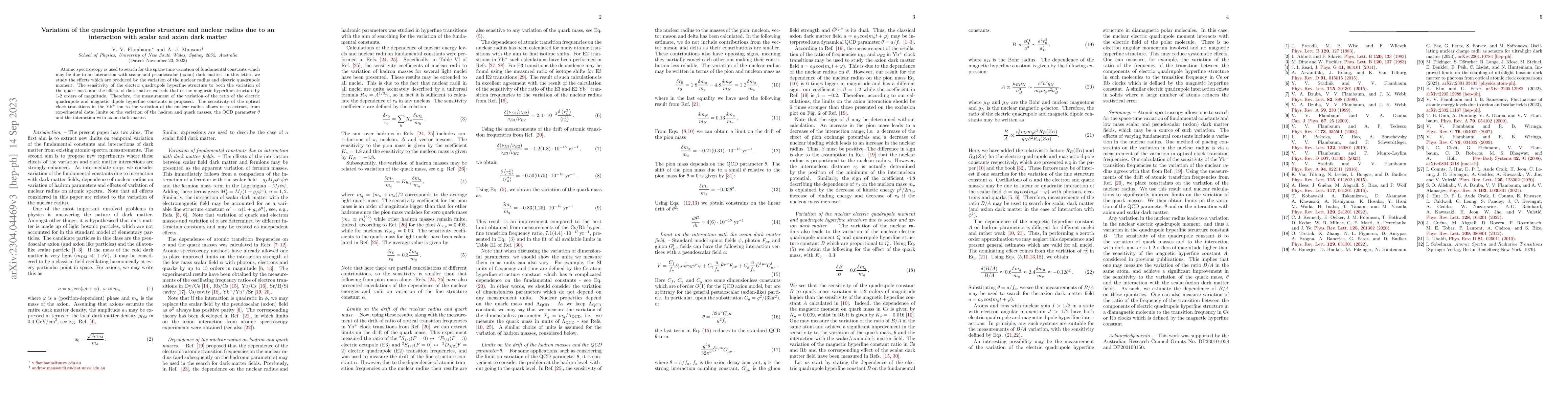 Thumbnail for Variation of the quadrupole hyperfine structure and nuclear radius due
  to an interaction with scalar and axion dark matter