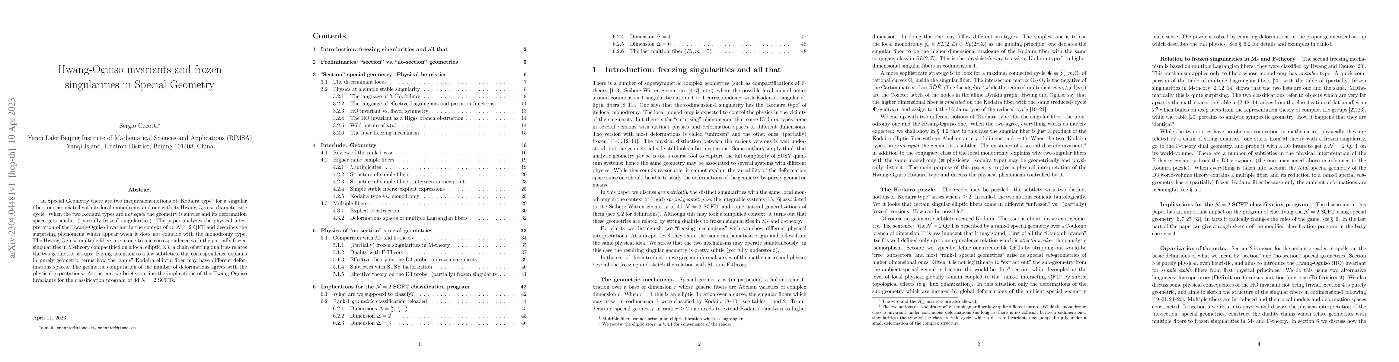 Thumbnail for Hwang-Oguiso invariants and frozen singularities in Special Geometry