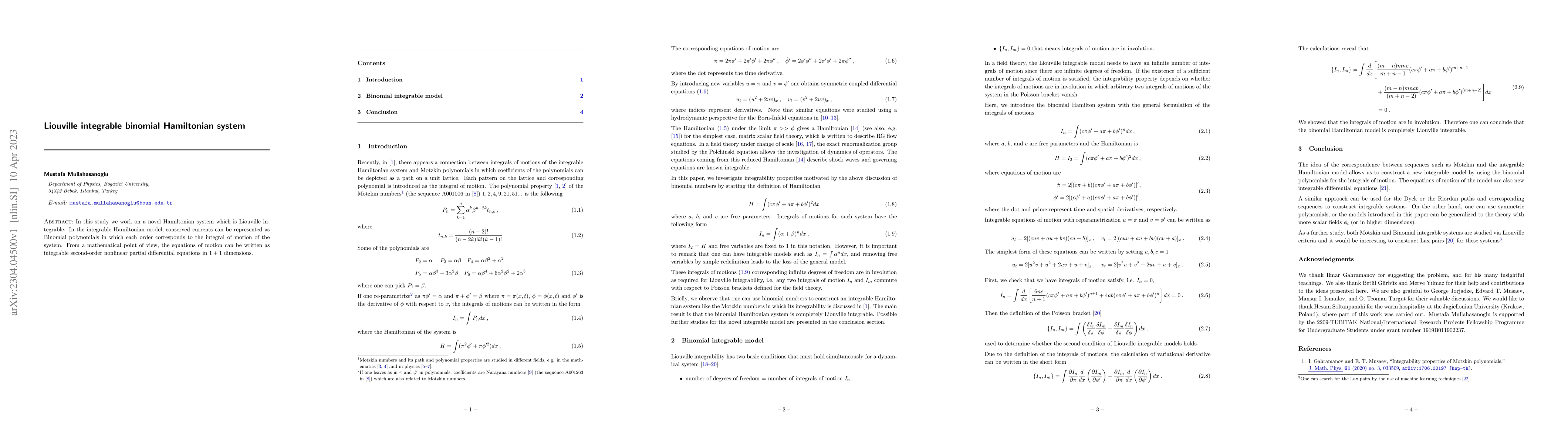 Thumbnail for Liouville integrable binomial Hamiltonian system