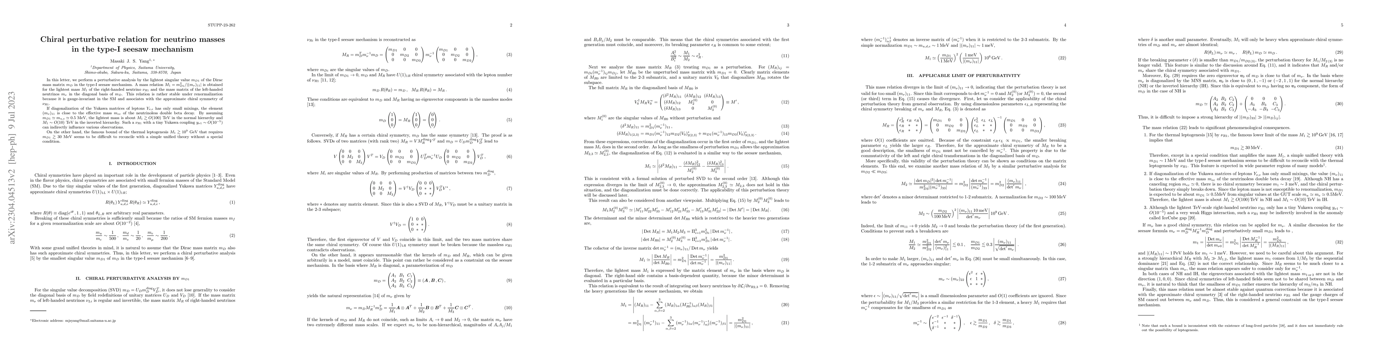 Thumbnail for Chiral perturbative relation for neutrino masses in the type-I seesaw
  mechanism