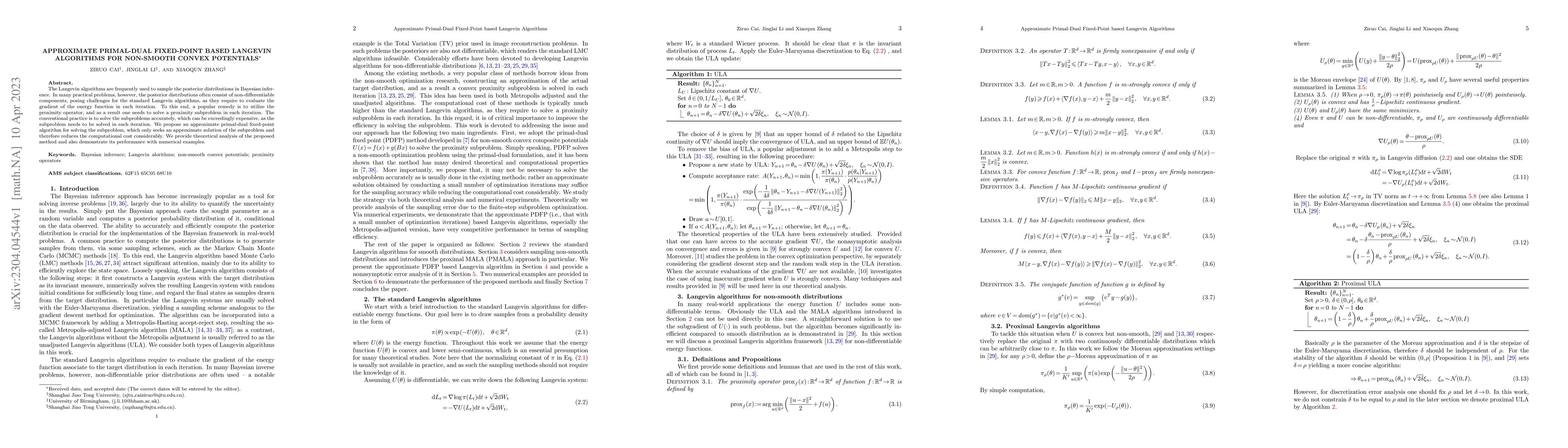Thumbnail for Approximate Primal-Dual Fixed-Point based Langevin Algorithms for
  Non-smooth Convex Potentials
