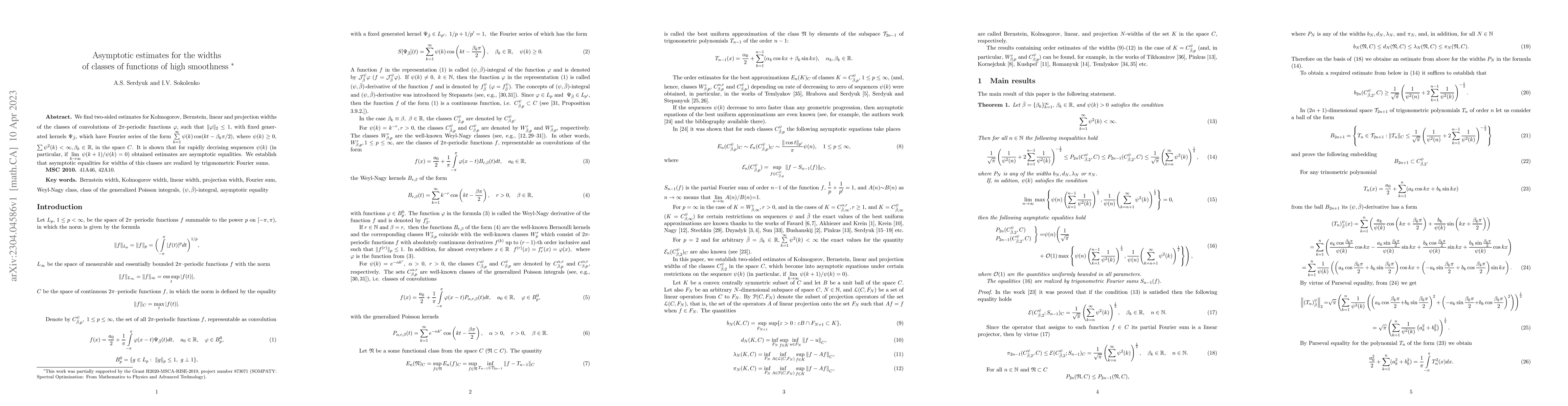 Thumbnail for Asymptotic estimates for the widths of classes of functions of high
  smoothness