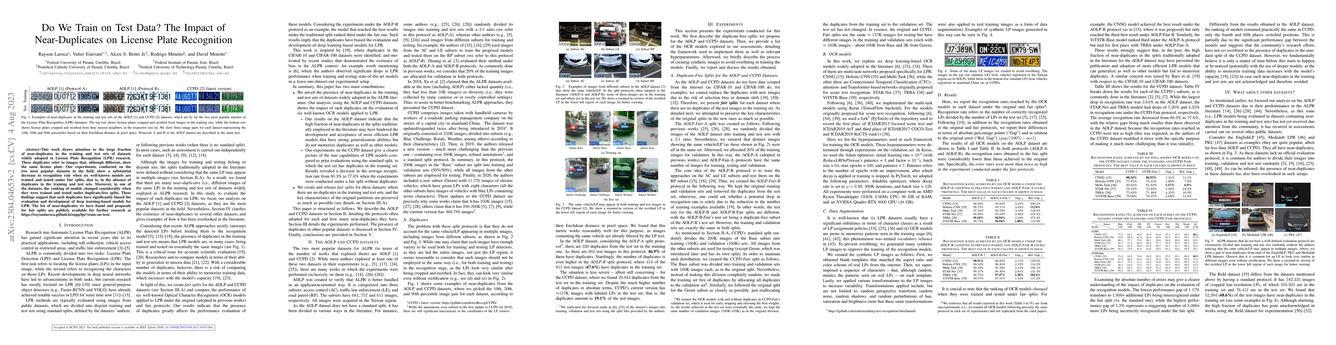 Thumbnail for Do We Train on Test Data? The Impact of Near-Duplicates on License Plate
  Recognition