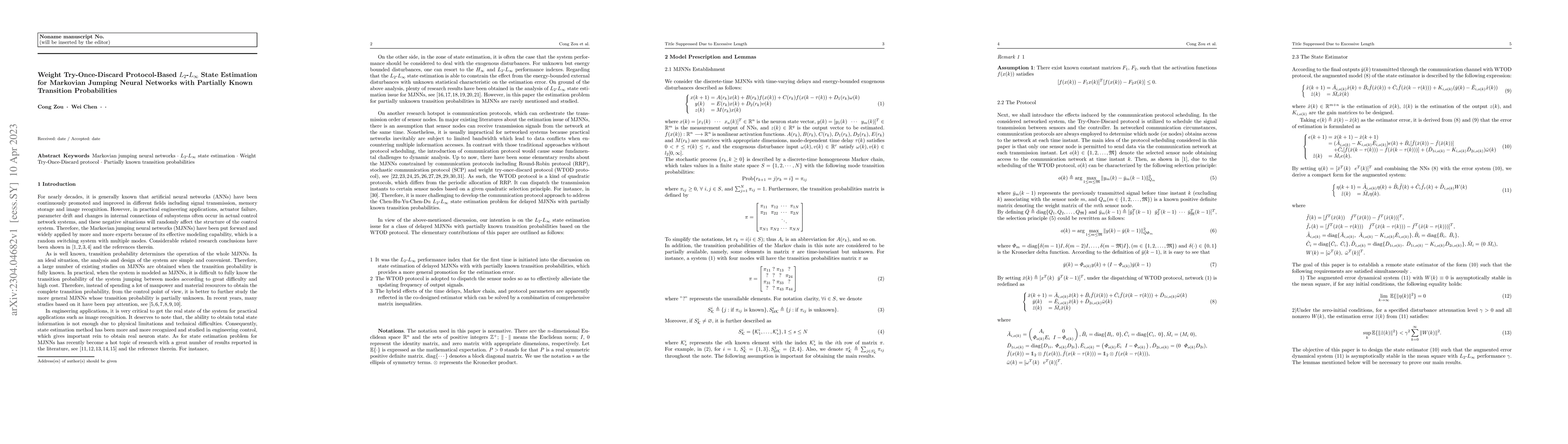Thumbnail for Weight Try-Once-Discard Protocol-Based L_2 L_infinity State Estimation
  for Markovian Jumping Neural Networks with Partially Known Transition
  Probabilities
