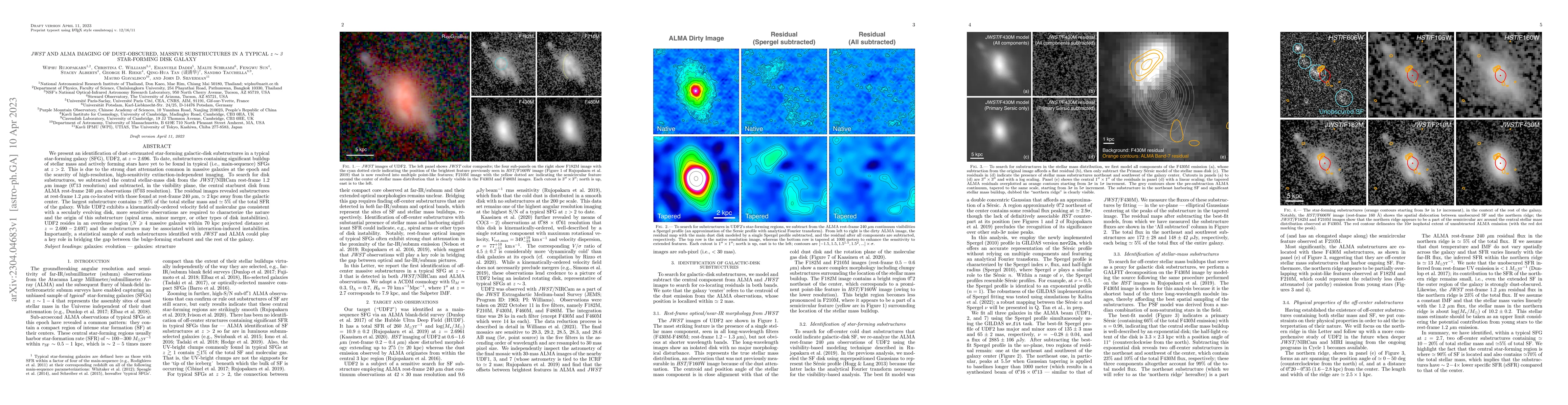 Thumbnail for JWST and ALMA imaging of dust-obscured, massive substructures in a
  typical $z \sim 3$ star-forming disk galaxy
