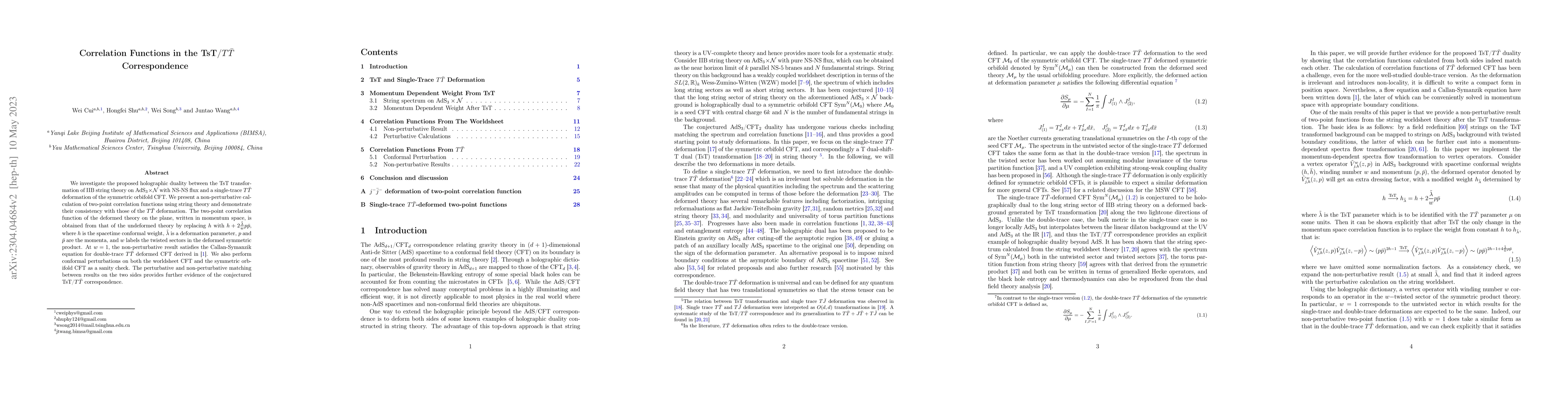 Thumbnail for Correlation Functions in the TsT/$T{\bar T}$ Correspondence