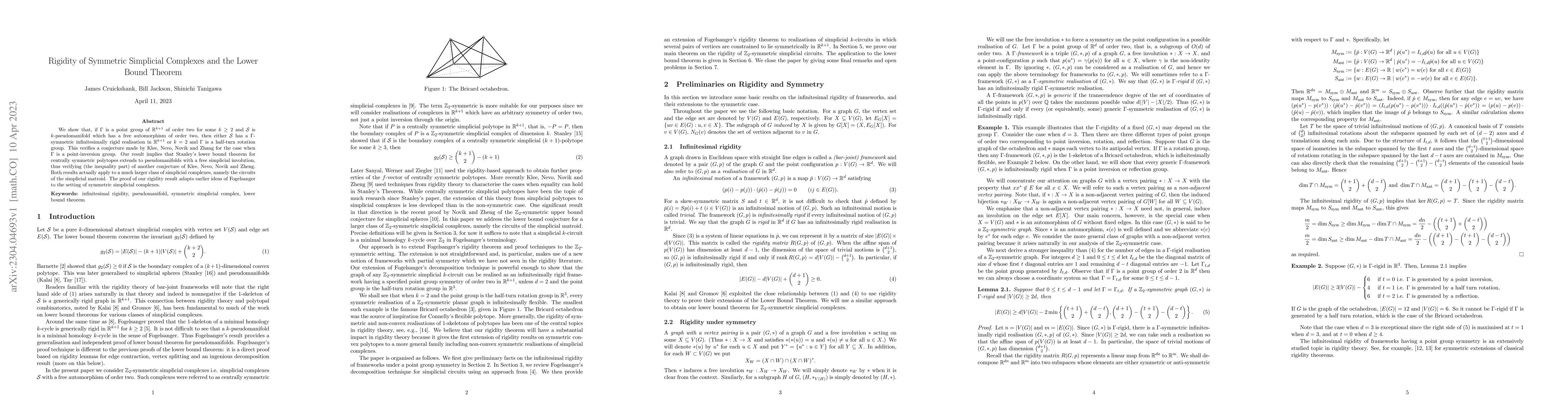 Thumbnail for Rigidity of Symmetric Simplicial Complexes and the Lower Bound Theorem