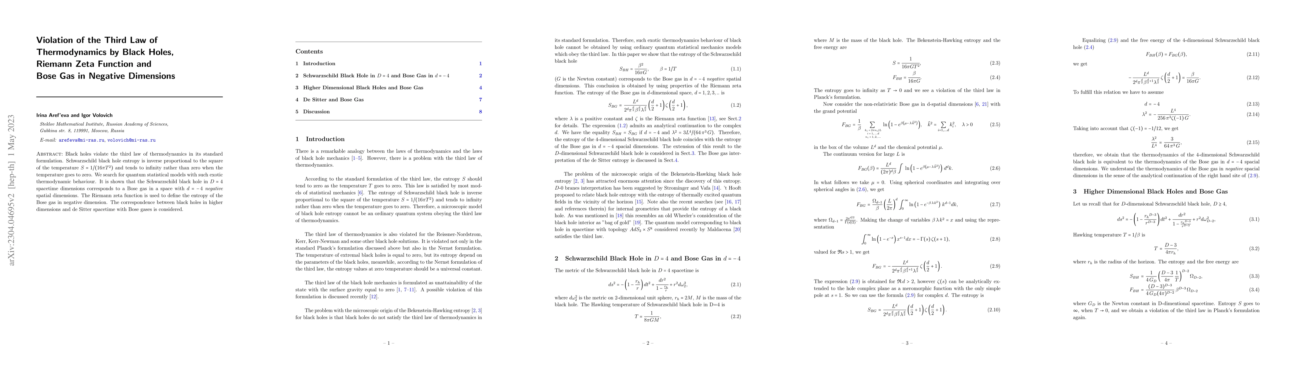 Thumbnail for Violation of the Third Law of Thermodynamics by Black Holes, Riemann
  Zeta Function and Bose Gas in Negative Dimensions