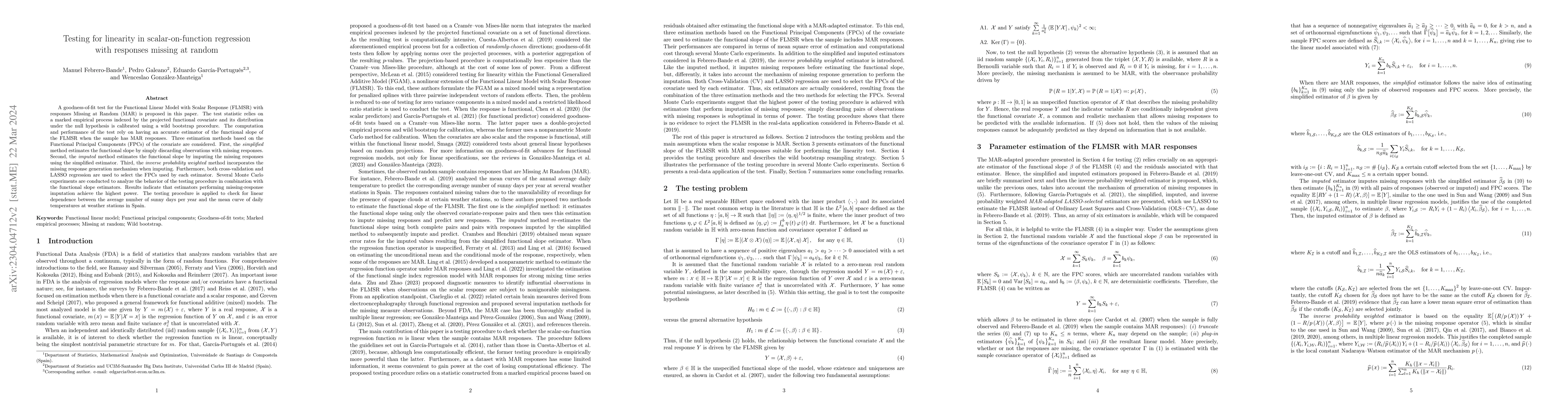 Thumbnail for Testing for linearity in scalar-on-function regression with responses
  missing at random